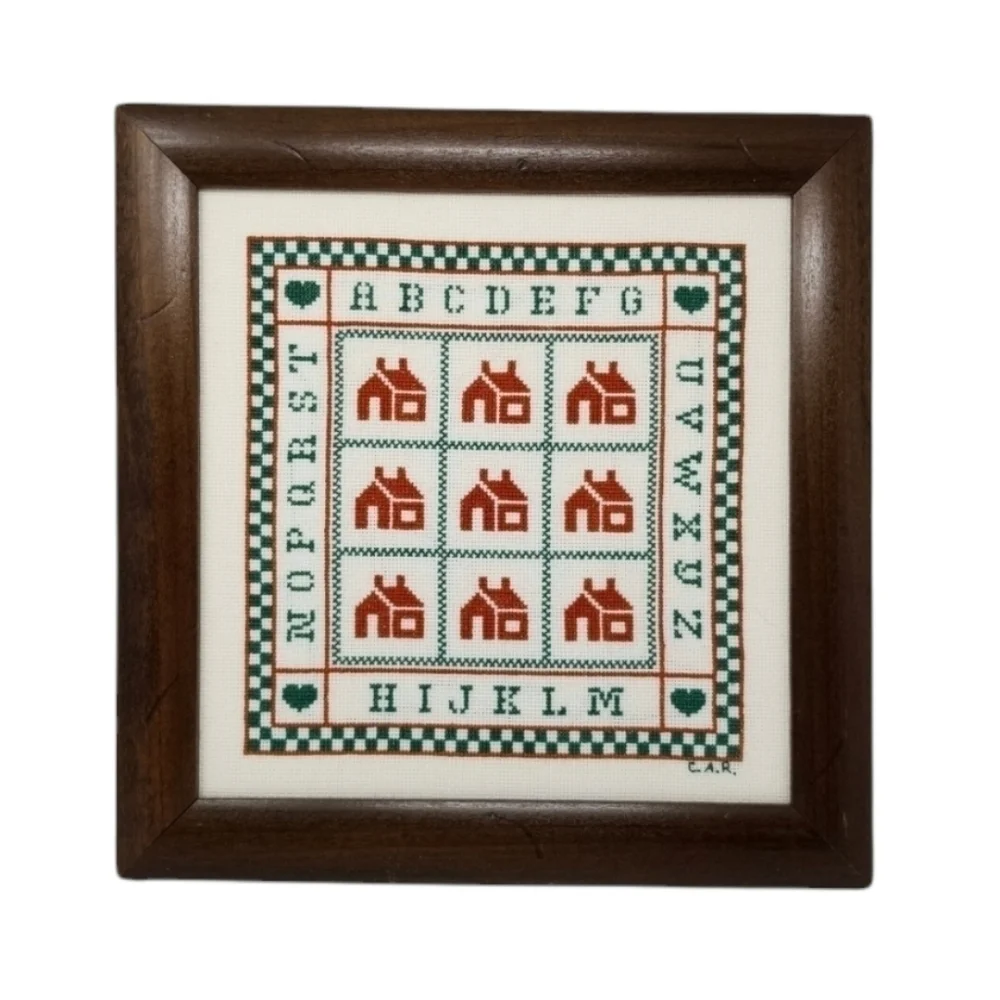 Framed Handmade Cross Stitch Wall Hanging Houses Alphabet Signed Checks Complete